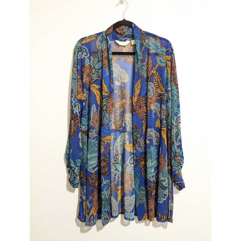 Susan Graver Sheer Mesh Cardigan Women 1X Blue Paisley Open Front Kimono Duster